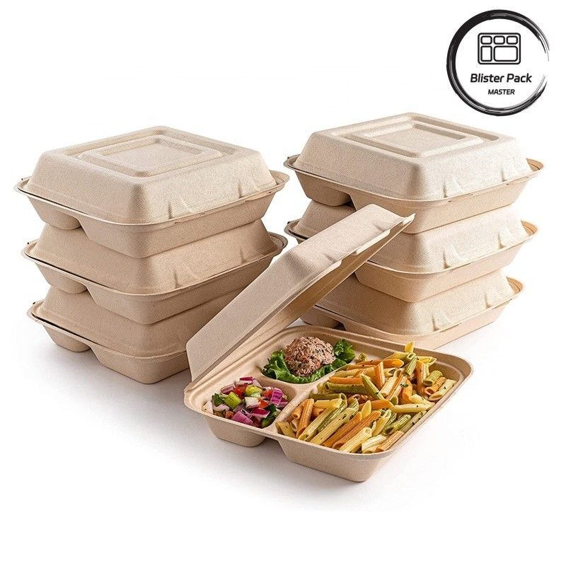 Blister Eco Compostable Clamshell 3 Διαμερίδιο Αποχρησιμοποιούμενο κουτί μεσημεριανού φαγητού